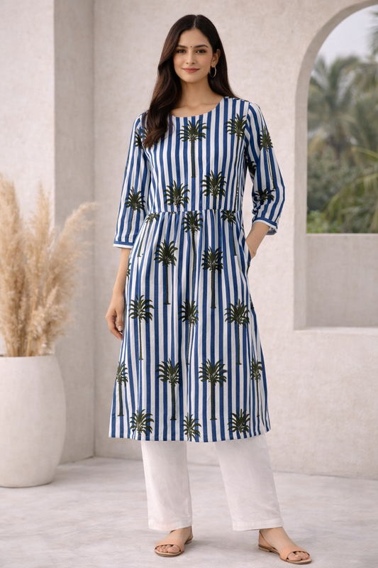 Coastal Palm Stripe Kurta Set